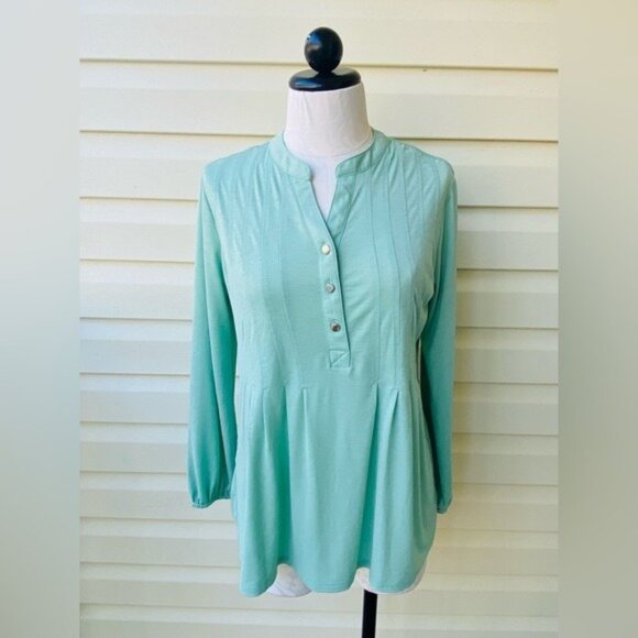 Wonderly Mint Green Pintuck Pleated Long Sleeve Blouse Size PM - Picture 3 of 9